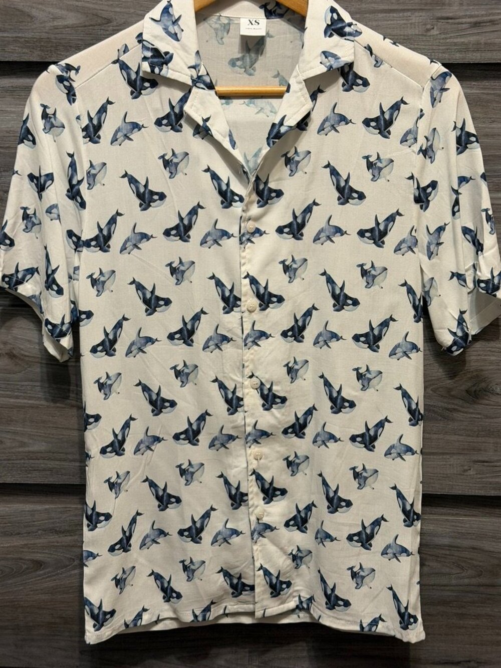 Orca Print Button-Down Shirt | Unisex Short Sleeve Collared Top | XS